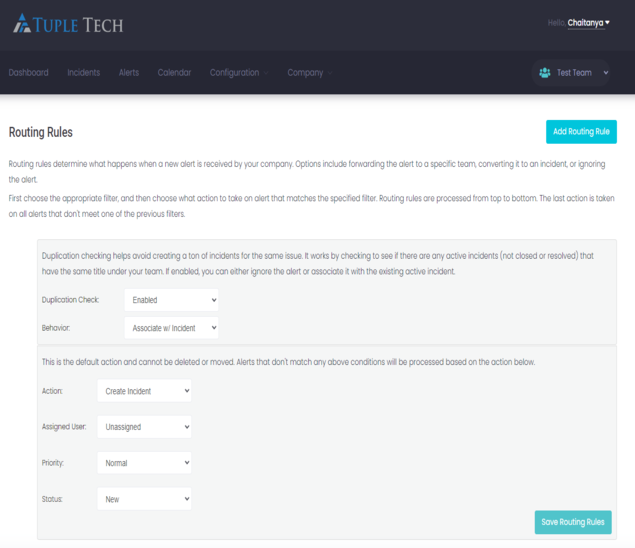 Tropos Alerts alert routing rules screenshot